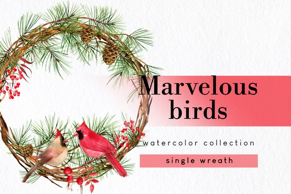 Christmas Wreath Clipart With Cardinal Winter Birds Male And Etsy