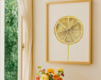 May include: A framed watercolour print of a lemon slice hangs on a wall. A bouquet of colourful roses in a glass vase sits on a wooden chest of drawers. The room has a window with a sheer curtain.