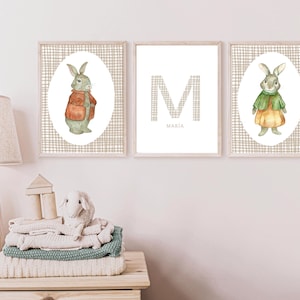 Stampa di coniglio personalizzata con nome, Cuccioli di animali acquerellati, Stampa per bambini per maschietti e neonati, Per camerette dei bambini, Regalo per neonati