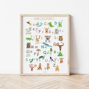 May include: A colorful alphabet chart featuring watercolor illustrations of animals. Each letter of the alphabet is paired with an animal, such as a bee for A, a butterfly for B, and a cat for C. The chart is titled "ABECEDARIO".