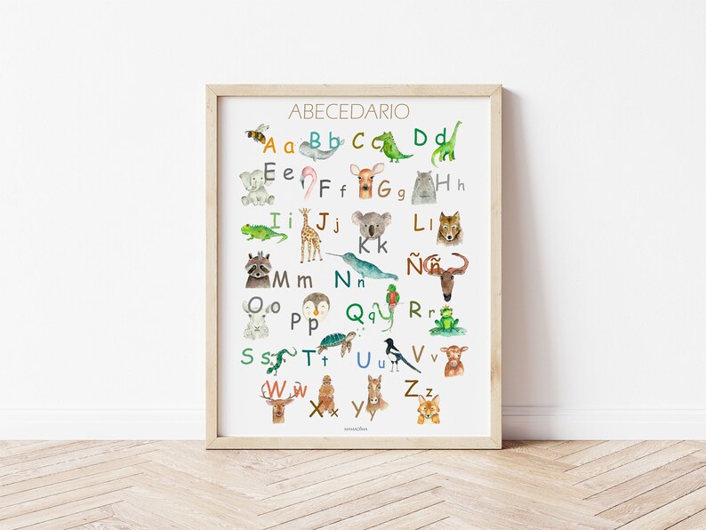 May include: A colorful alphabet chart featuring watercolor illustrations of animals. Each letter of the alphabet is paired with an animal, such as a bee for A, a butterfly for B, and a cat for C. The chart is titled "ABECEDARIO".