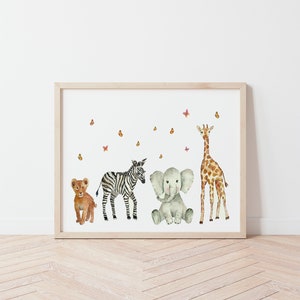 Lámina infantil de acuarela ANIMALES BEBÉ, Cuadro infantil animales africanos, regalo para niños,