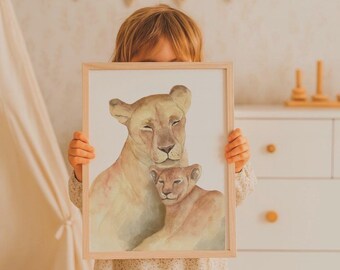 Safari Nursery decor, MOM and baby lion art, Animals print, watercolor art, New baby gift, Jungle nursery decor, Lion nursery, Baby room
