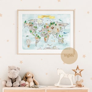 Kinderposter Weltkarte mit Tieren in Aquarell auf Englisch, horizontales Dekoblatt für Kinderzimmer, Wanddekoration