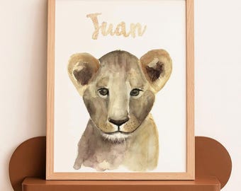 Custom name watercolor lion print, Nursery wall art, Lion nursery print, Animal print, gift for new baby, children's picture