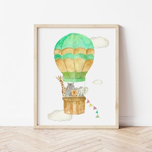 Hot air balloon decorative art print, Watercolor nursery wall art, Balloons animals print, Archival print, kids room art, personalised print