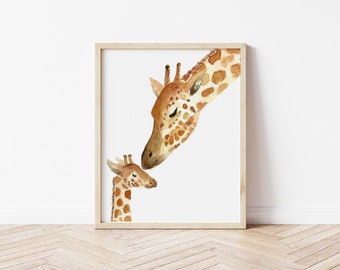 GIRAFFE watercolor print, MOM and baby giraffe art, nursery wall art, baby room decor, giraffe wall art, new baby gift, tender giraffe art