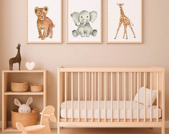 Set of three watercolor safary nursery art, Safari animals print, Nursery wall art, Giraffe nursery print, safari animals print, zoo animals