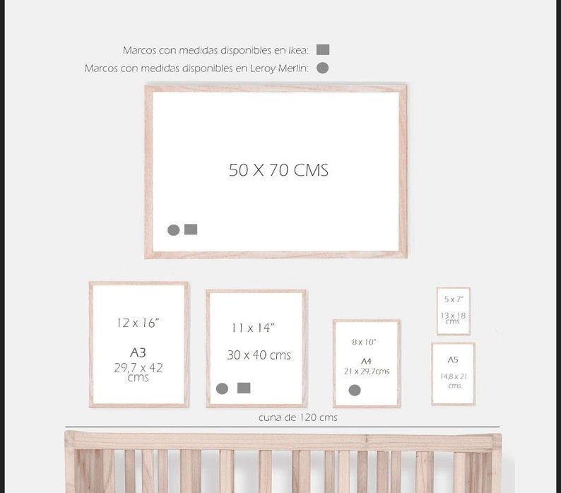 May include: A white wooden crib with a white wooden frame and a white mattress. There are four different sizes of picture frames with measurements in inches and centimeters. The text "cuna de 120 cms" is written below the frames.