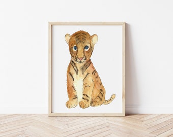 Baby TIGER children's painting, Watercolor children's print for children's decoration or for the baby, Print with customizable name