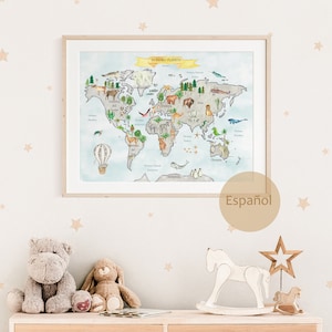 Dekoratives Blatt mit einer Weltkarte für Kinder, Lehrplakat für Kinder, Blatt für das Kinderzimmer, originelles Geburtstagsgeschenk für Kinder
