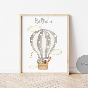 ANIMALI quadro per bambini in grigio, rosa o blu PALLONCINO. Lenzuolo decorativo per la cameretta dei bambini, regalo per neonato, pittura ad acquerello
