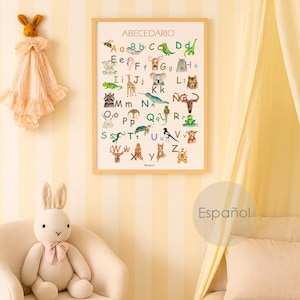Nursery print SPANISH animal ALPHABET, watercolor kids room print, Children's alphabet, educational poster, kids room wall art image 1