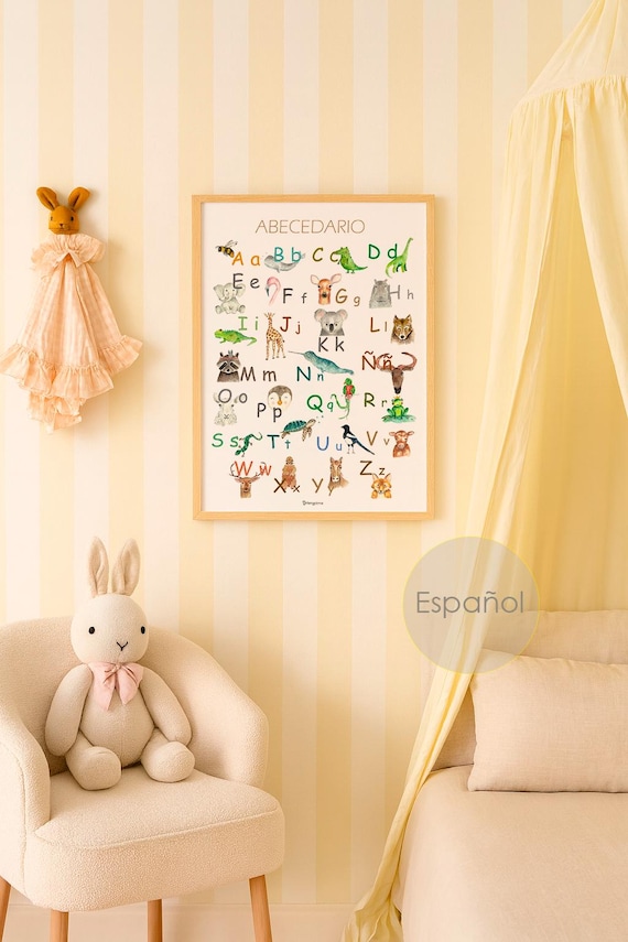 Lamina decorativa ABECEDARIO de animales en ESPAÑOL, animales en acuarela hecho a mano
