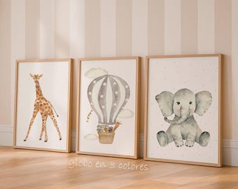 SET of 3 animal prints HOT AIR ballons, Animals nursery art, nursery decor, Ballon nursery, Hot air wall art, Animals watercolor print