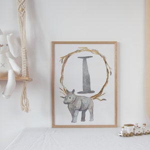 Lámina personalizada con inicial de nombre, Lámina infantil con letra, Acuarela de animales, Cuadro decorativo para niños, Lámina para bebés