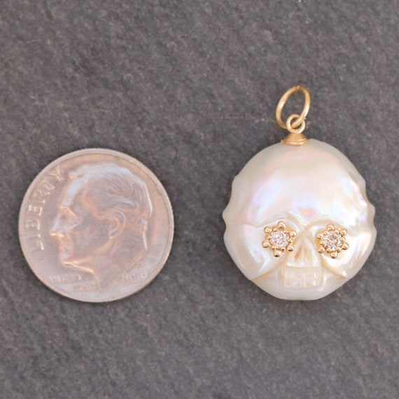 14k Gold Diamond + White Pearl Skull Pendant - image 5