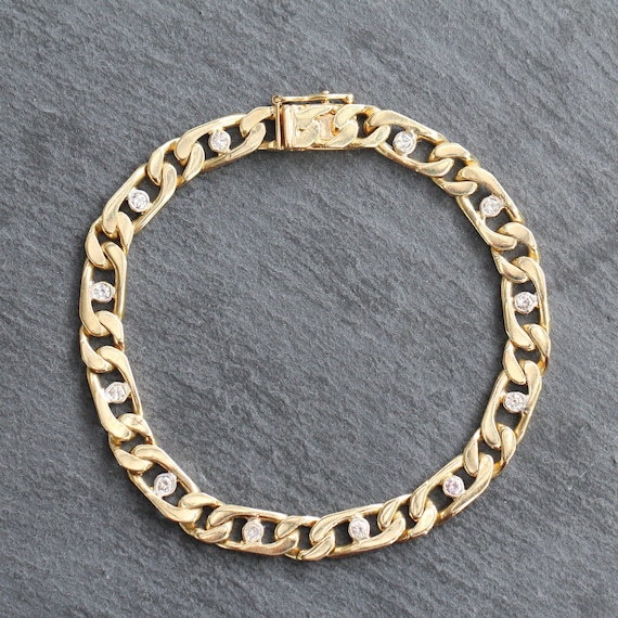 Unique HEAVY 18k Gold + Diamond Curb Link Chain B… - image 1