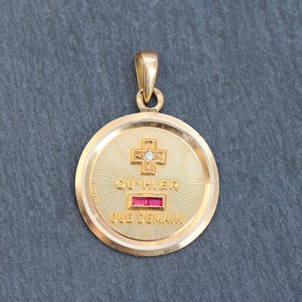 18k Gold Ruby + Diamond French Pendant