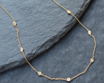 14k Solid Yellow Gold Station Necklace - Etsy