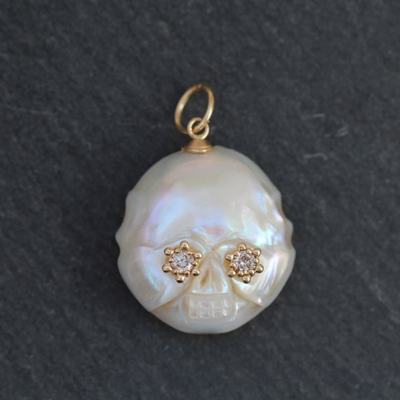 14k Gold Diamond + White Pearl Skull Pendant - image 1