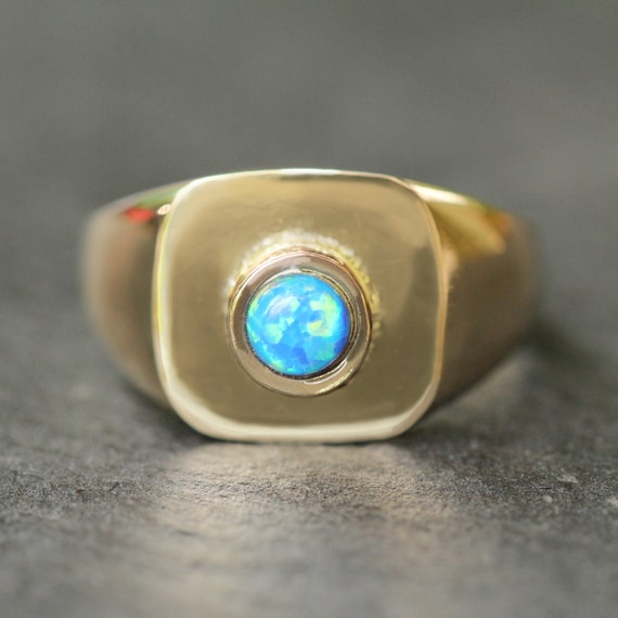 Blue Opal and 14k Solid Gold Signet Ring. Upcycled