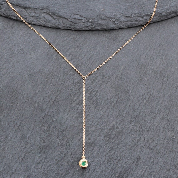 14k Gold + Emerald Y Drop Necklace - image 1