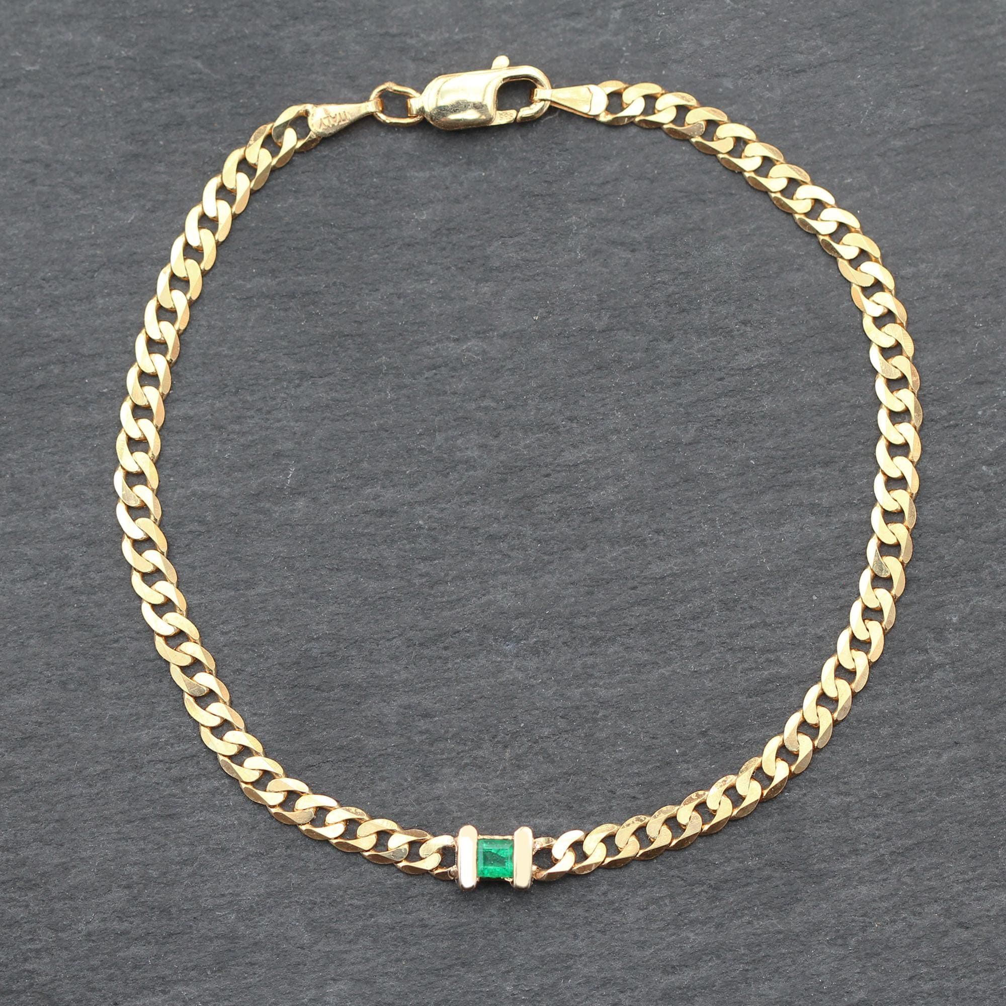 14k Gold + Emerald Curb Link Station Bracelet