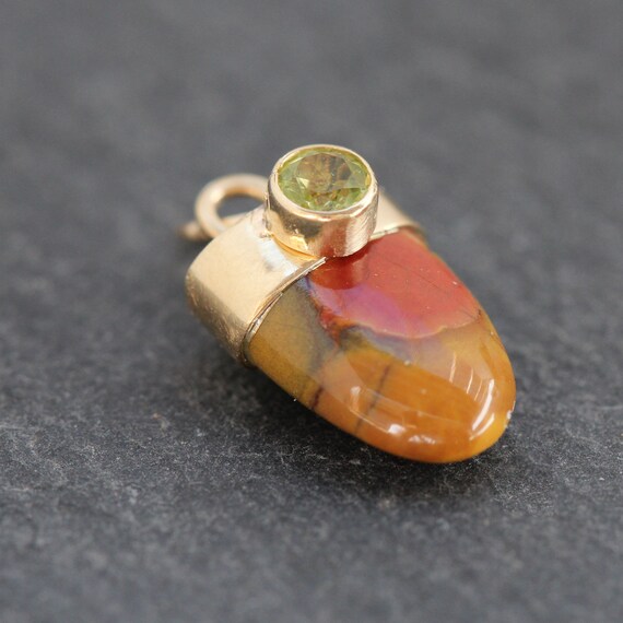 14k Gold Peridot + Bullet Cut Jasper Pendant - image 3