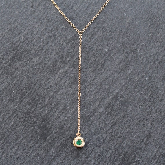 14k Gold + Emerald Y Drop Necklace - image 2