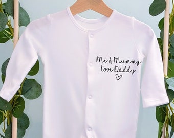 Me & Mummy love Daddy baby sleep suit (baby message and heart) unique shower/reveal gift.