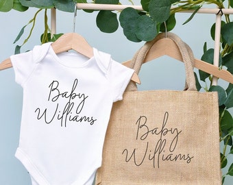 Matching personalised baby grow and tote (baby surname & heart) perfect shower/reveal gift.