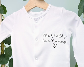 Me & Daddy love Mummy baby sleep suit (baby message and heart) unique shower/reveal gift.