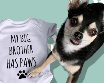 Personalised Baby Grow My Big Brother/Sister Has Paws (Announcement, Baby Shower Present or New Arrival Gift) 100% White Cotton Free P&P.