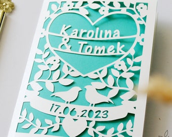Gepersonaliseerde trouwkaart, aanpasbare papercut trouwkaart, papieren jubileumkaart, cadeau bruid en bruidegom, gepersonaliseerd cadeau voor stel