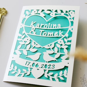 Carte de mariage personnalisée, carte de mariage en papier découpé personnalisable, carte d'anniversaire en papier, cadeau pour les jeunes mariés, cadeau personnalisé pour couple