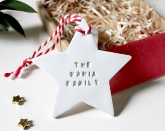 Ornement de Noël familial personnalisé, décoration d'arbre de Noël, boule de Noël étoile avec nom de famille, cadeau souvenir, cadeau de nouvelle maison, cadeau de déménagement