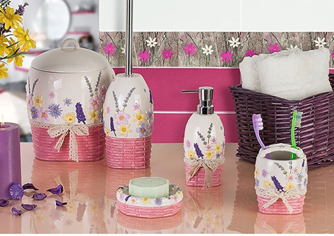 Bathroom Set Floral Bathroom Set Bath Bucket Toilet Etsy UK