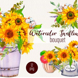 birds a bouquet of sunflowers Yellow Flowers Illustration DIY Wedding watering can The sun boho Sunflower watercolor clipart summer