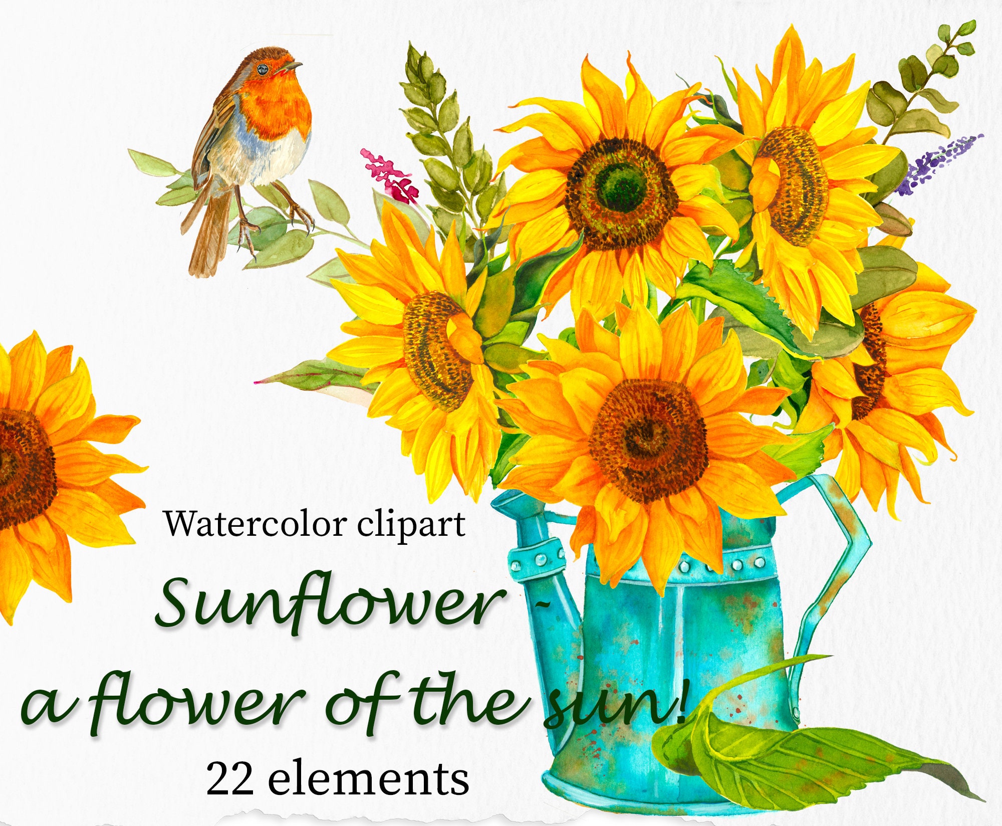 birds a bouquet of sunflowers Yellow Flowers Illustration DIY Wedding watering can The sun boho Sunflower watercolor clipart summer