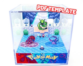 Pokemon Emerald Rayquaza, Kyogre & Groudon Sootopolis - DIY Diorama Cube Papercraft Shadowbox Retro Gamer Gift - Decoración de videojuegos - Plantilla