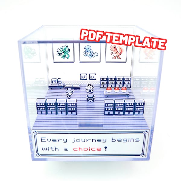 Pokemon Oak Lab Rojo y Azul - DIY Diorama Cube Papercraft Shadowbox - Pokemon Retro Gamer Gift - Decoración de videojuegos - Plantilla PDF