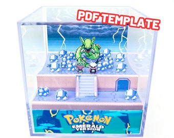 Pokemon Esmeralda Rayquaza Sky Pillar - DIY Diorama Cube Papercraft Shadowbox - Pokemon Retro Gamer Gift - Decoración de videojuegos - Plantilla