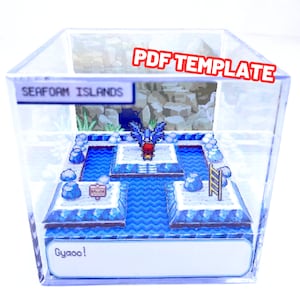 May include: A 3D papercraft model of a Pokemon game scene. The scene features a blue water area with a ladder and a sign that reads "Seaform Islands". A blue Pokemon with red accents is standing on a platform in the water. The text "Gyaoo!" is visible at the bottom of the scene.