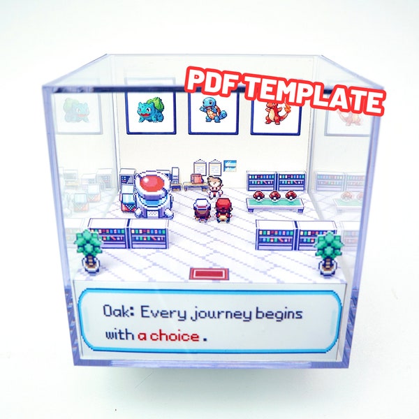 Pokemon Oak Lab Firered & Leafgreen Starter-DIORAMA Cube Papercraft Shadowbox-Pokemon Retro Gamer prezent-wystrój gier wideo-szablon