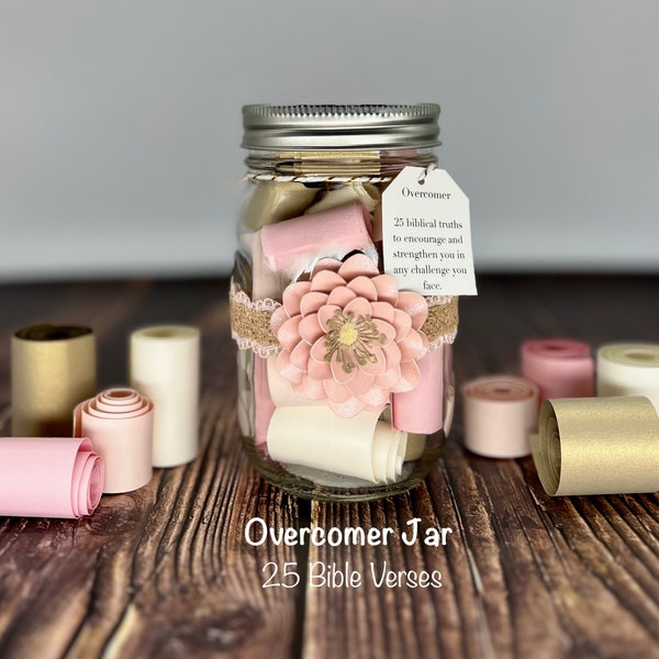 Overcomer Jar/25 Bible Verses/Faith/Devotional/Prayer/Encouragement/Illness/Scripture/Christian/Religious Gift/Divorce/Recovery/Empowerment