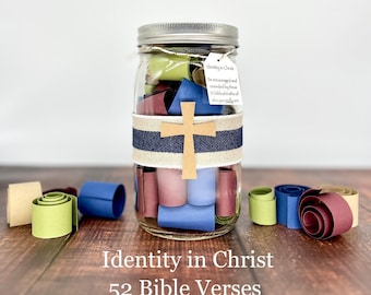 Identity in Christ Jar/Bible Verses/Devotional/Scripture/Prayer/Faith/Christian Gift/Religious/Confirmation/Baptism/Father's Day/Graduation