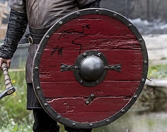 Auténtico escudo vikingo Ragnar Lothbrok, desgastado por la batalla, hecho a mano.