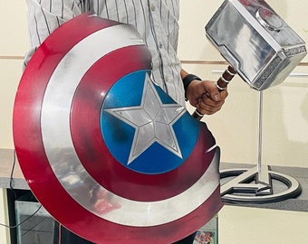 Captain America Broken Shield & Thor Hammer Set: Endgame Cosplay with Stand