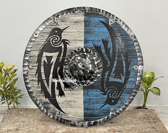 Viking Raven Wooden Shield: Valhalla Norse Warrior Decor (24'' Inches)
